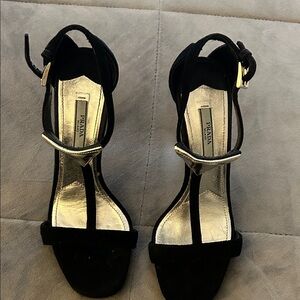 Prada Black Suede and Gold T-Strap Heels